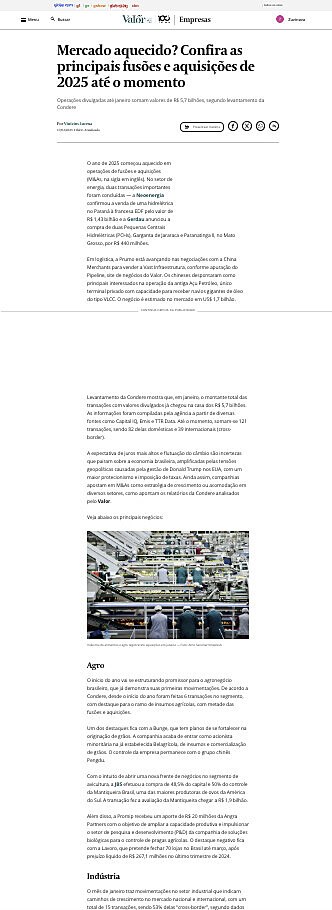 Mercado aquecido? Confira as principais fuses e aquisies de 2025 at o momento  Este trecho  parte de contedo que pode ser compartilhado utilizando o link https://valor.globo.com/empresas/noticia/2025/02/17/mercado-aquecido-confira-as-principais-fuso